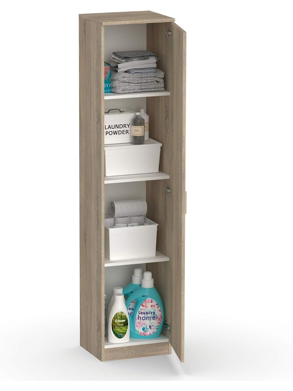 Armario vertical de organizacion en roble Cambrian con 4 compartimentos y puerta