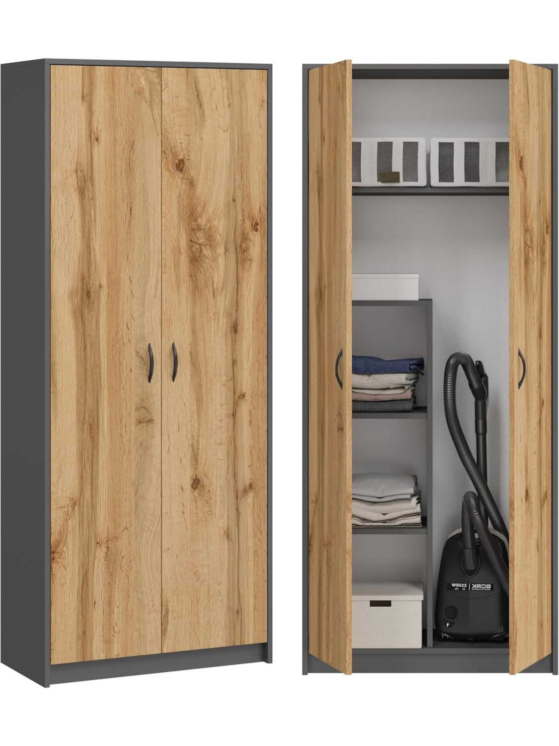 Armario Escobero para Aspiradora y Productos de Limpieza, Mueble Multiusos Alto en Grafito y Roble