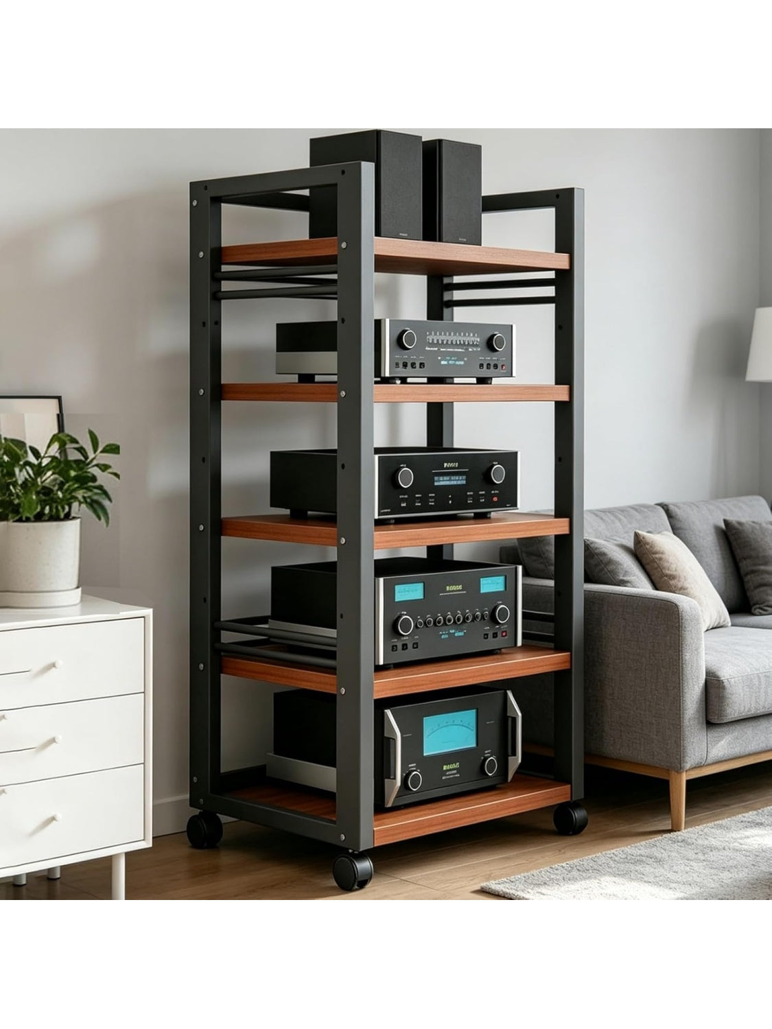 Rack HiFi de 5 Niveles con Ruedas, Soporte para Tocadiscos, Amplificador y Equipos de Audio, Estantes Ajustables, Color