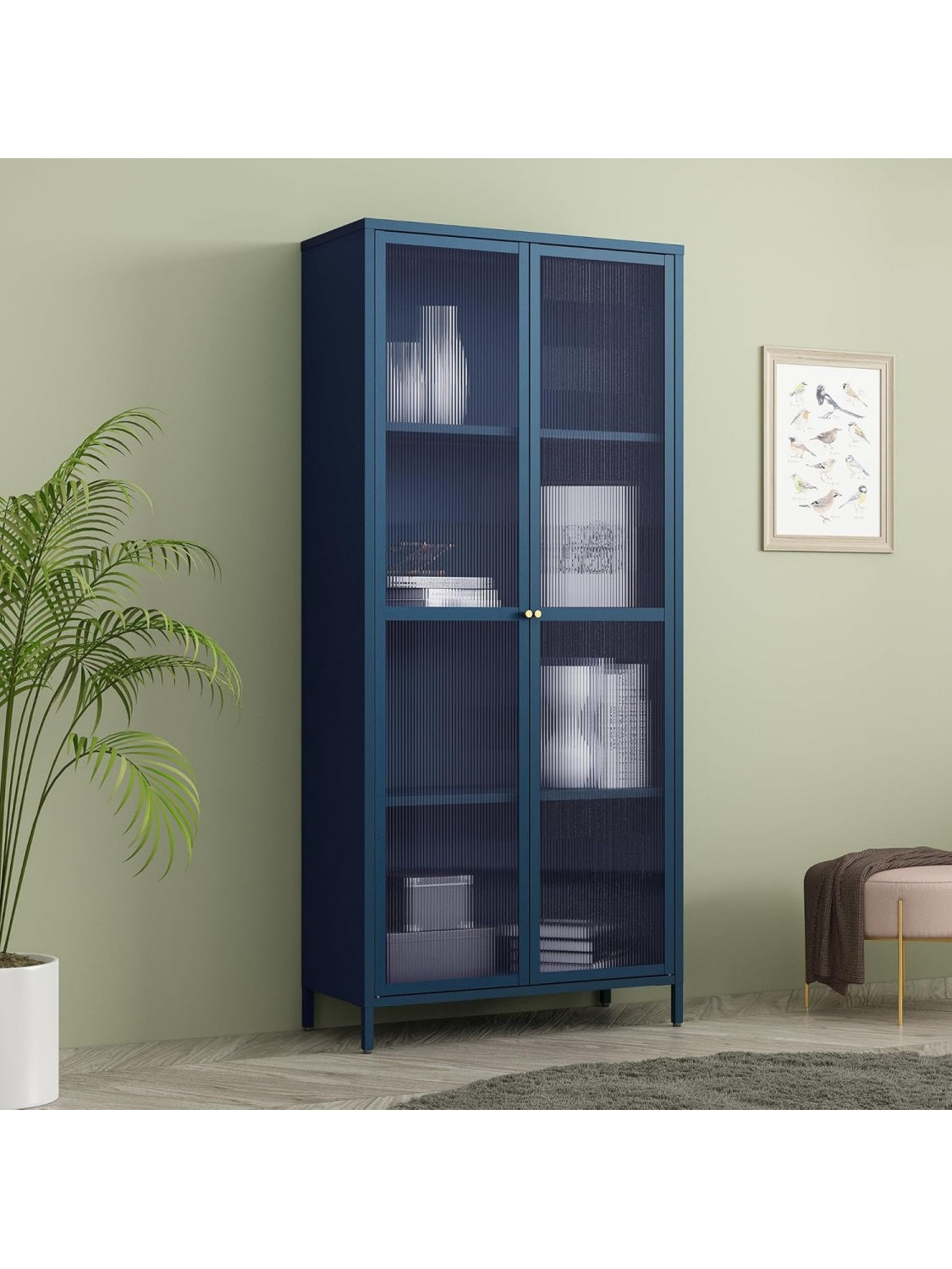 Vitrina Metalica con 2 Puertas de Cristal, Armario Expositor de 4 Compartimentos para Salon, Cocina u Oficina, Azul