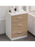 Mesita de Noche con 3 Cajones, Estructura de MDF y Tiradores Metalicos, Blanco y Roble, 68 x 40 x 38