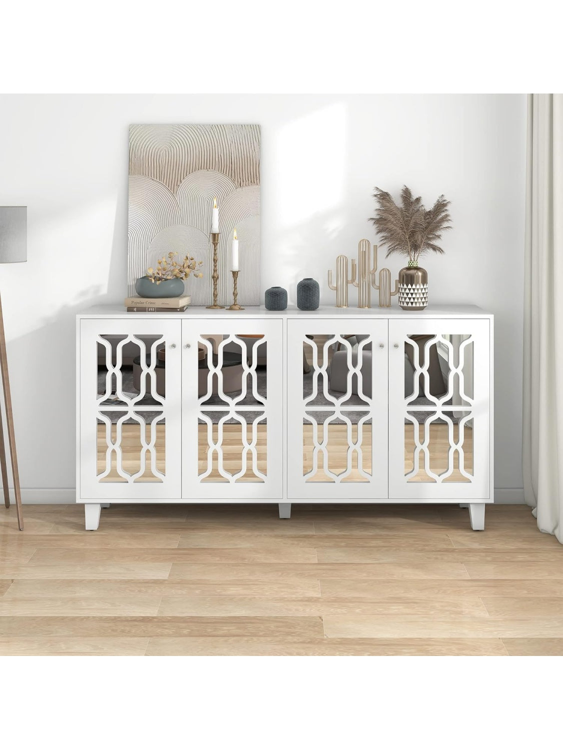 Aparador con 4 Puertas de Espejo, Mueble Buffet para Salon y Comedor con Tiradores de Cristal, Blanco, 160
