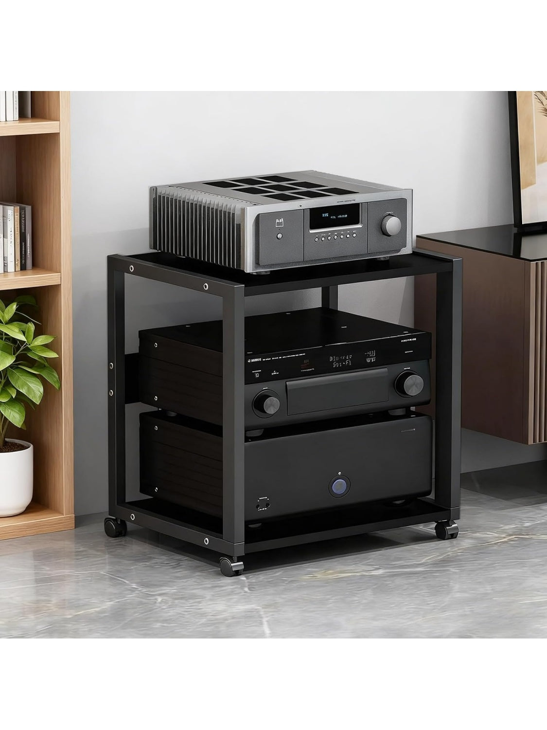 Rack profesional de audio con 2 niveles y ruedas para amplificador, tocadiscos y equipos de sonido, capacidad 25