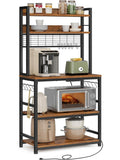 Estanteria de Cocina con 4 Enchufes, Soporte para Microondas, Cesta Metalica, Ganchos y Estante