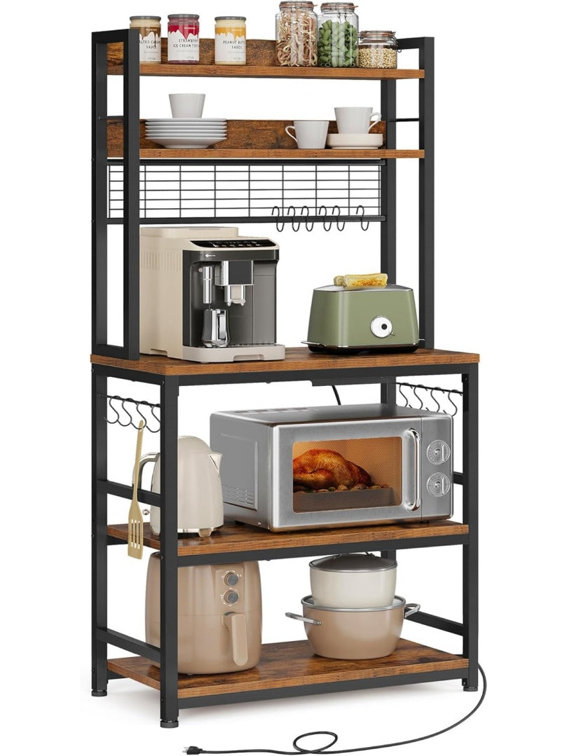 Estanteria de Cocina con 4 Enchufes, Soporte para Microondas, Cesta Metalica, Ganchos y Estante